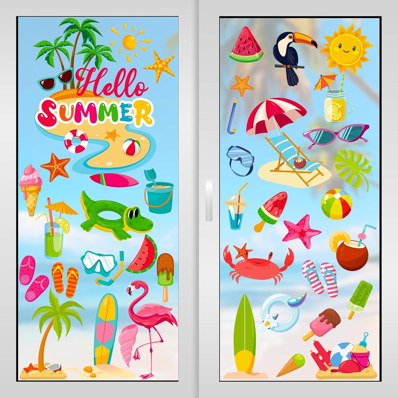 9 Sheets Summer Window Clings – Double-Sided Beach Window Decals for Glass Windows, Hello Summer Stickers with Watermelon, Sun & Tropical Patterns for Home & Office Decor
